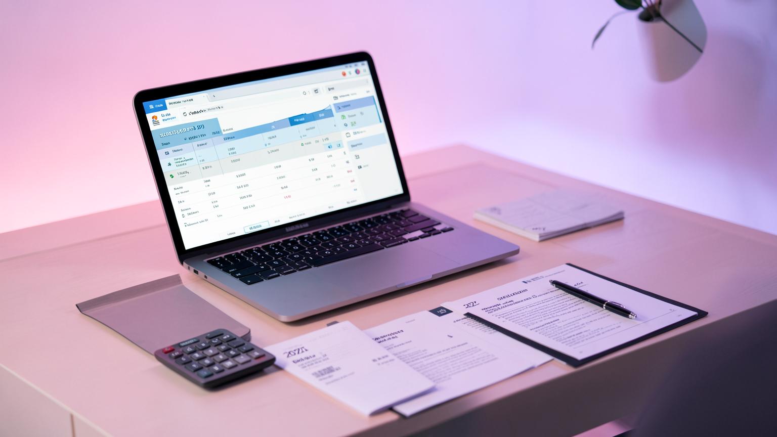 Escritorio de contadora con laptop y documentos del Paquete Económico 2027