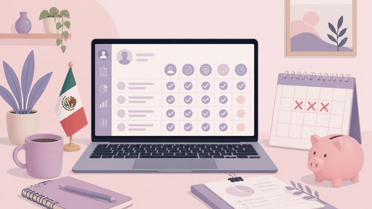 Escritorio de contadora con laptop mostrando el control mensual de pagos de clientes en RESICO y un calendario con tres pagos omitidos